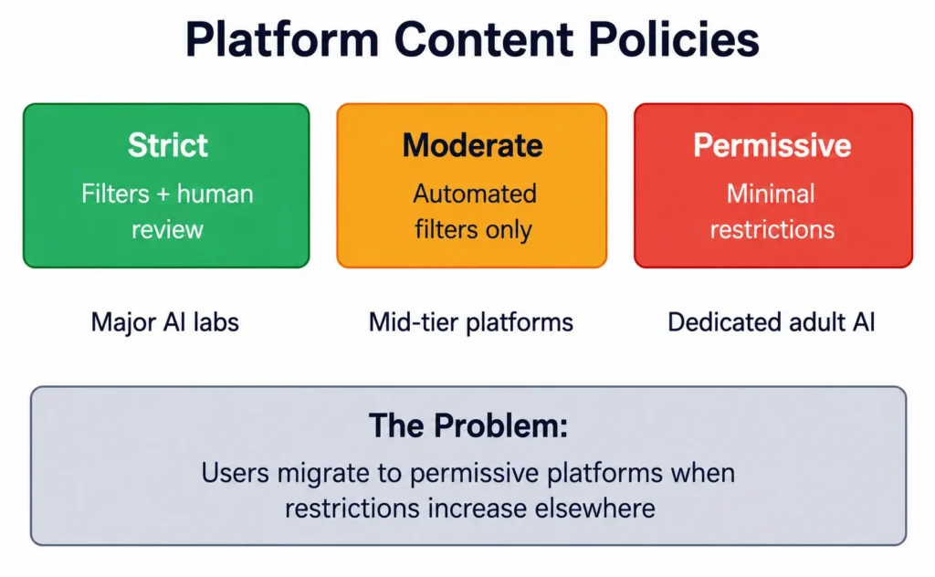 Content moderation approaches vary widely across platforms, creating a migration effect toward less restrictive services.