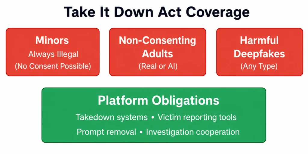 The three categories of prohibited content under the Take It Down Act and corresponding platform responsibilities.