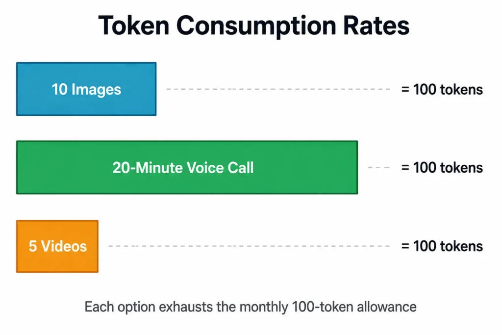 How quickly the included 100 monthly tokens disappear with typical usage patterns