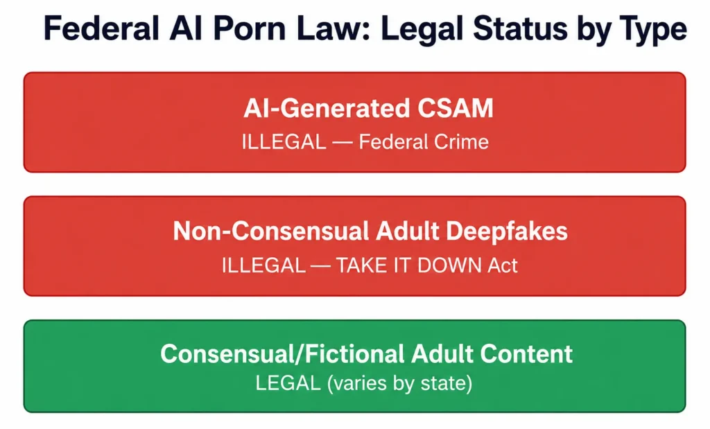 Federal law criminalizes AI-generated CSAM and non-consensual adult deepfakes but generally permits consensual adult AI pornography, though state laws may impose additional restrictions.