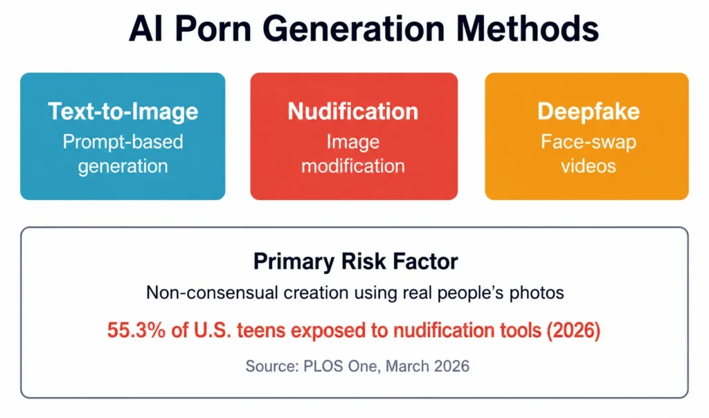 The three primary technological approaches to AI porn generation and their associated consent risks.