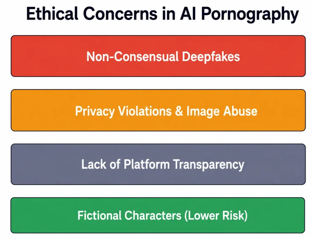 The ethical risk spectrum of AI-generated pornography ranges from high-harm non-consensual deepfakes to lower-concern purely fictional content.