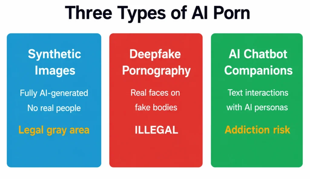 The three main categories of AI pornography have different legal statuses and risk profiles.