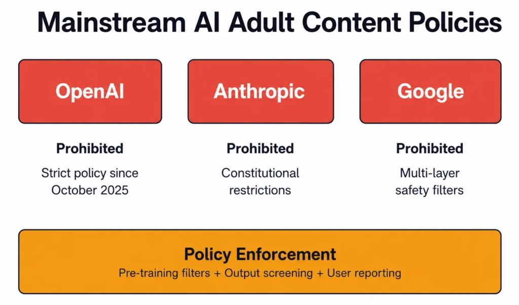 Major AI platforms maintain universal prohibitions on adult content through technical and policy enforcement.