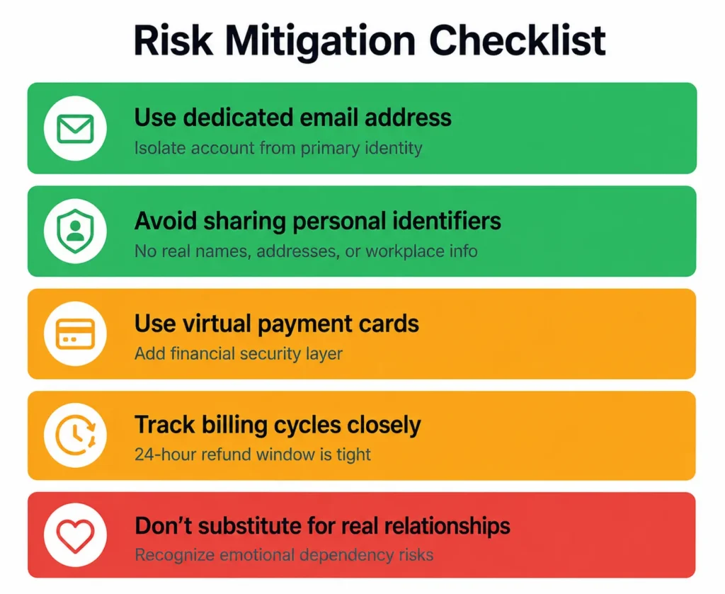 Five critical safety practices ranked by priority level, from essential account security (green) to psychological health warnings (red).