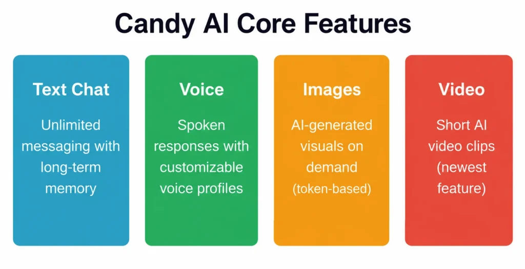 The four primary interaction modes available on the Candy AI platform, each offering different levels of immersion and media complexity.