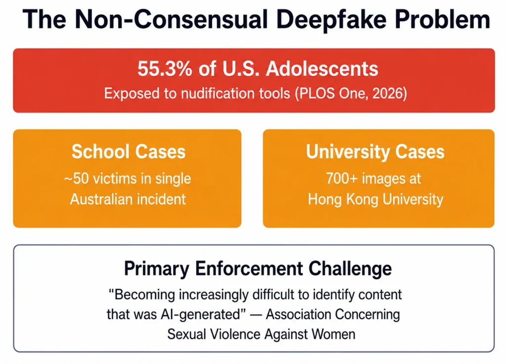 Statistical overview of non-consensual AI porn creation and the enforcement challenges authorities face.