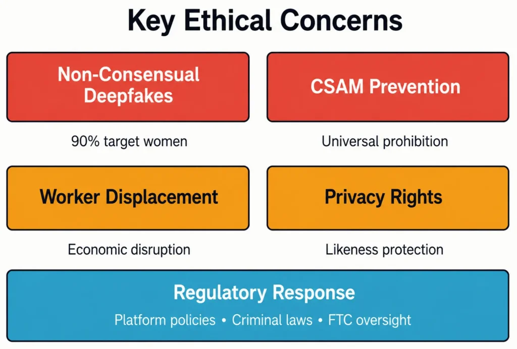 Ethical concerns around AI pornography span consent, child safety, economic impact, and privacy rights.