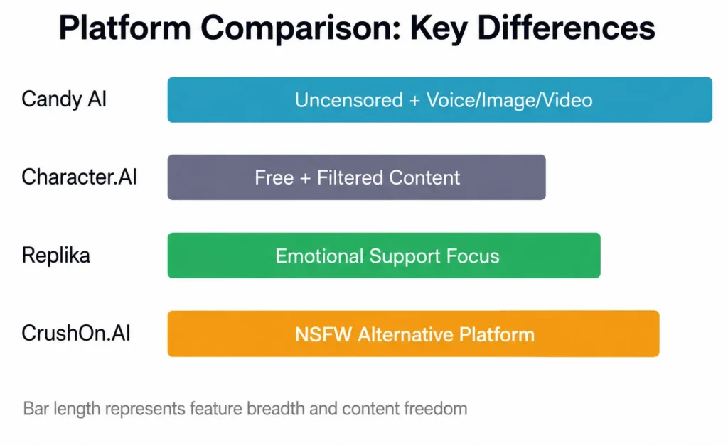 Relative positioning of major AI companion platforms based on content policies and feature sets. Candy AI differentiates through uncensored interactions and multimodal media generation.
