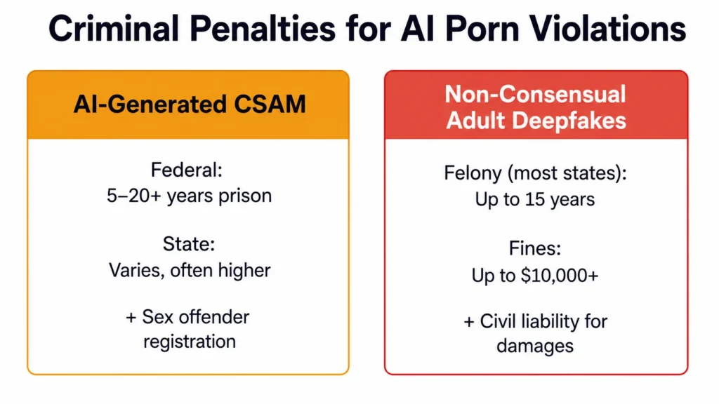 Penalties for illegal AI pornography range from substantial prison sentences for CSAM to felony charges and significant fines for non-consensual adult deepfakes, plus potential civil damages.