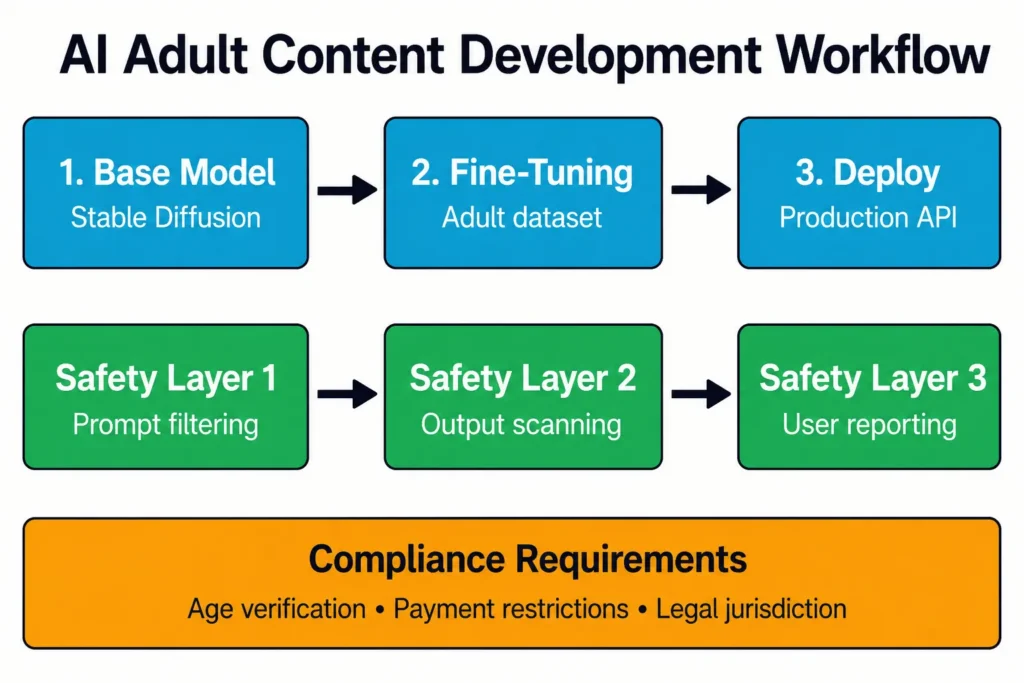 Developing AI adult content platforms requires technical implementation paired with comprehensive safety and compliance layers.