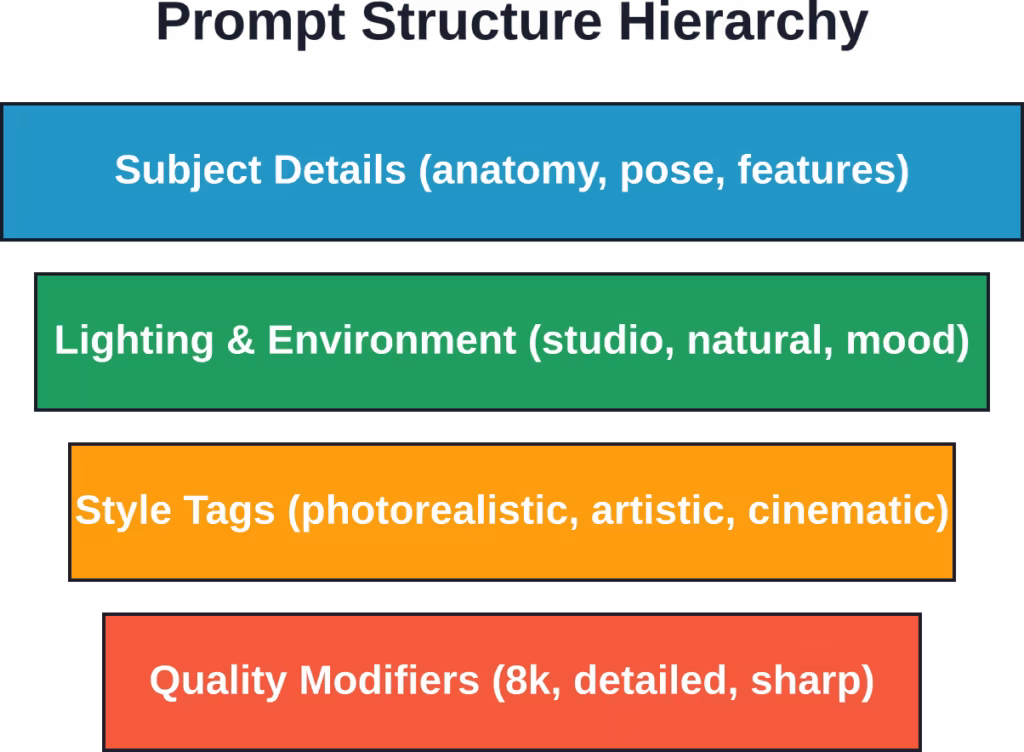 Essential components of effective NSFW prompts, ordered by priority for optimal image generation.