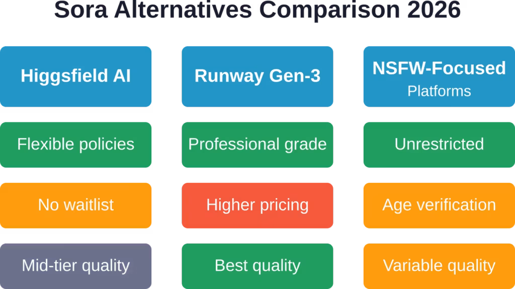 Each Sora alternative offers different tradeoffs between content policy flexibility, output quality, and accessibility for creators in 2026.
