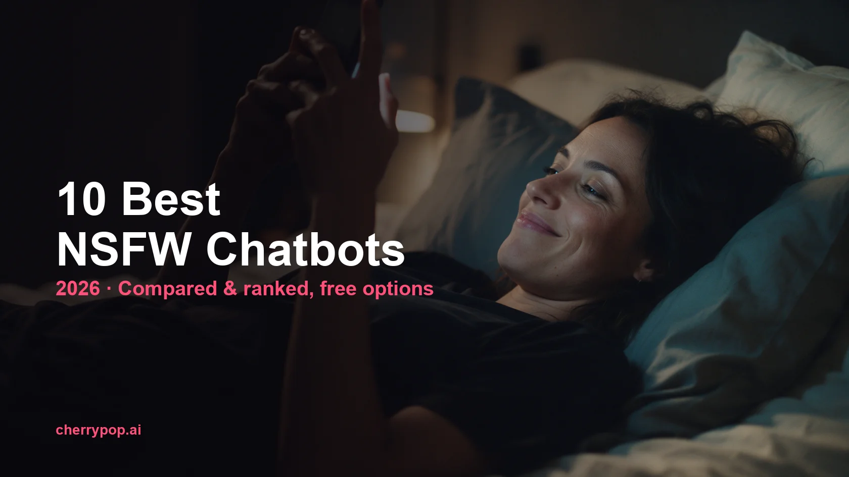 Woman in low lamplight texting in bed with a knowing smile
