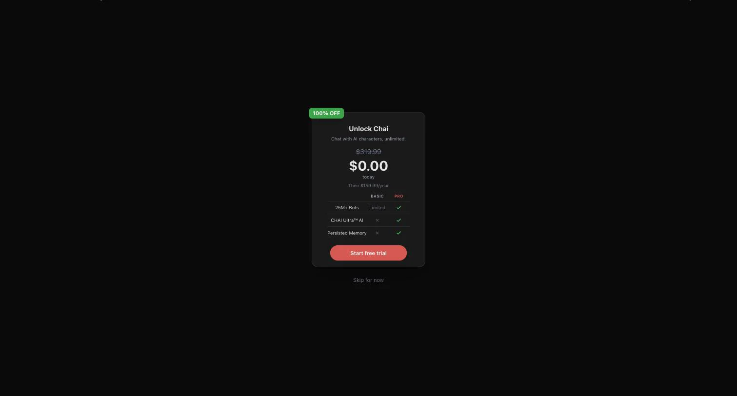 Chai's regular upgrade paywall in the same session: