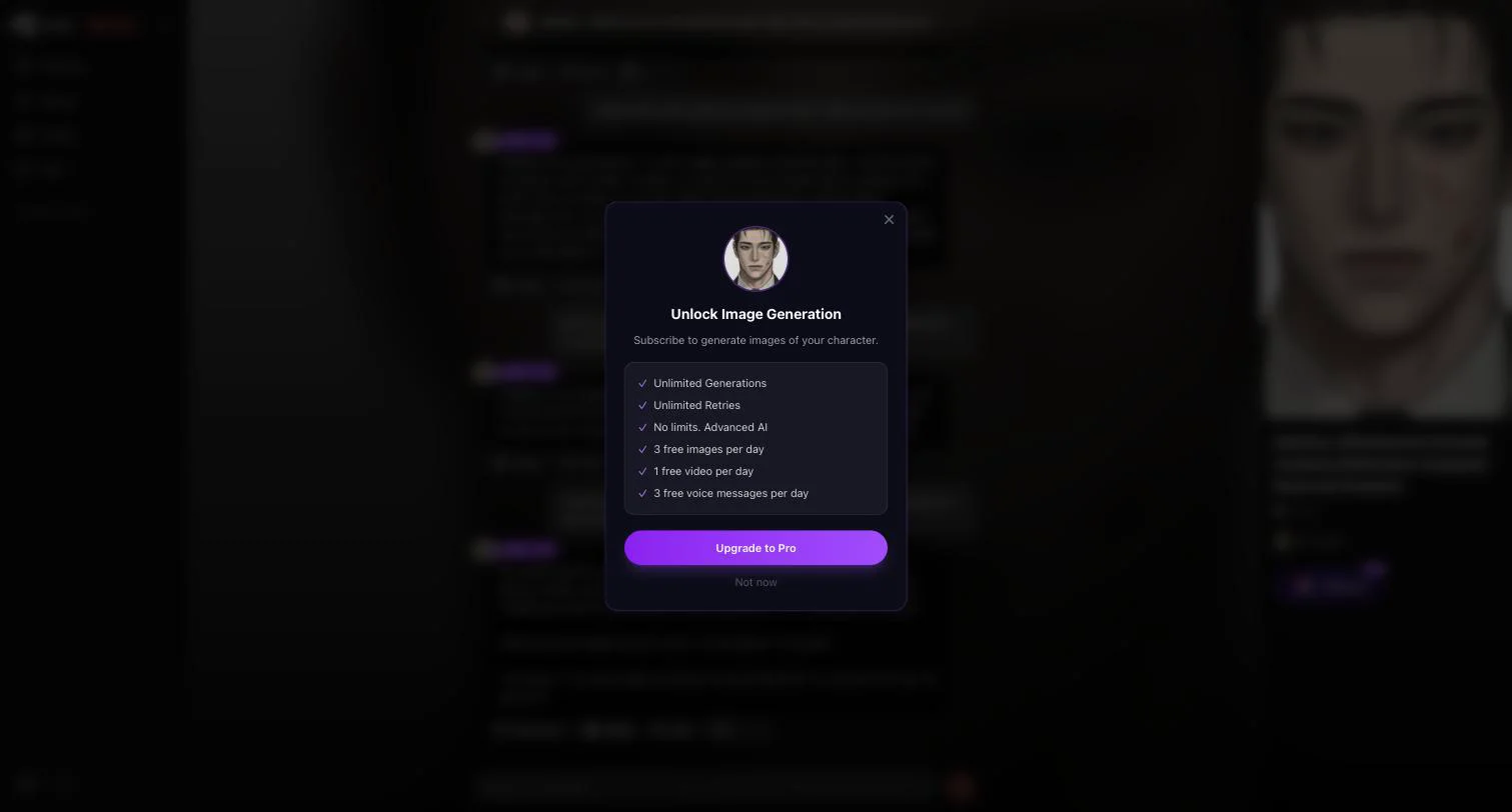 The upgrade modal that opened when we clicked Image on a free Basic account in Chai's web chat, with its daily-allowance checklist. Screenshot taken September 27, 2026.
