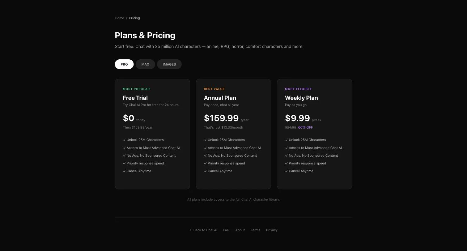 Chai's web Plans & Pricing page, PRO tab: a 24-hour free trial that becomes $159.99/year, the $159.99 annual plan and the $9.99 weekly plan. Screenshot taken September 27, 2026.