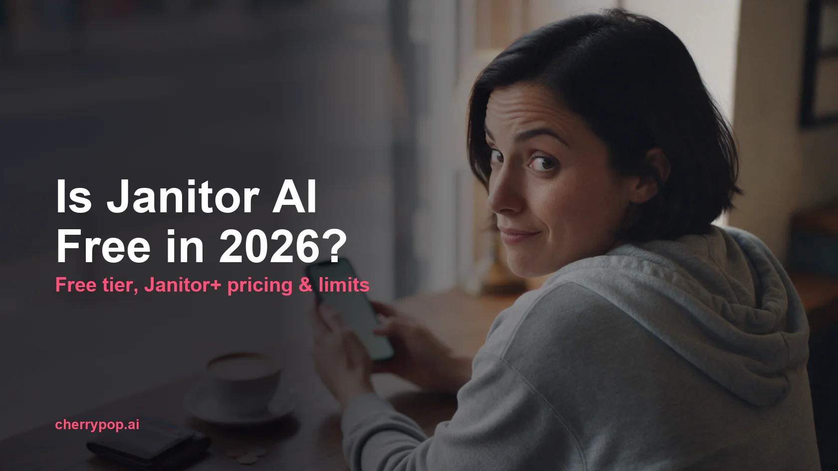Woman at a cafe table weighing a subscription on her phone