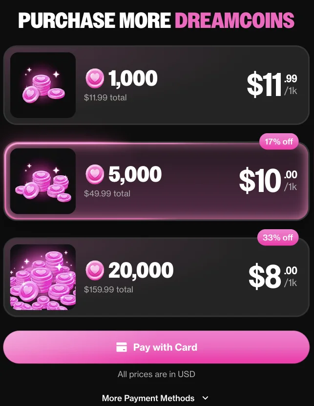 OurDream's coin store: 1,000, 5,000 and 20,000-coin packs, paid by card or other payment methods (September 27, 2026)