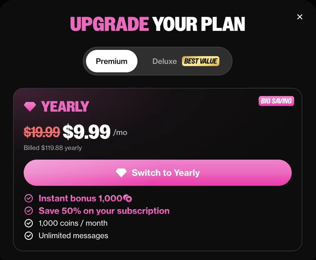 OurDream's Premium Yearly offer: $9.99 a month billed $119.88, 1,000 coins a month plus a 1,000-coin instant bonus (US pricing, September 27, 2026)