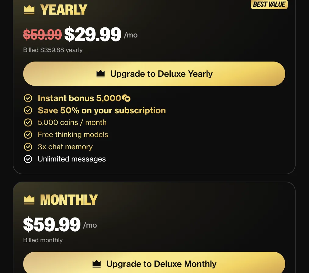 OurDream's Deluxe plan: $29.99 a month billed $359.88 yearly, or $59.99 month to month, with 5,000 coins a month (September 27, 2026)