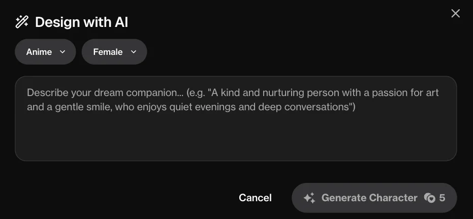 OurDream's "Design with AI" panel: style and gender menus, a free-text description box and a 5-coin "Generate Character" button (September 27, 2026)